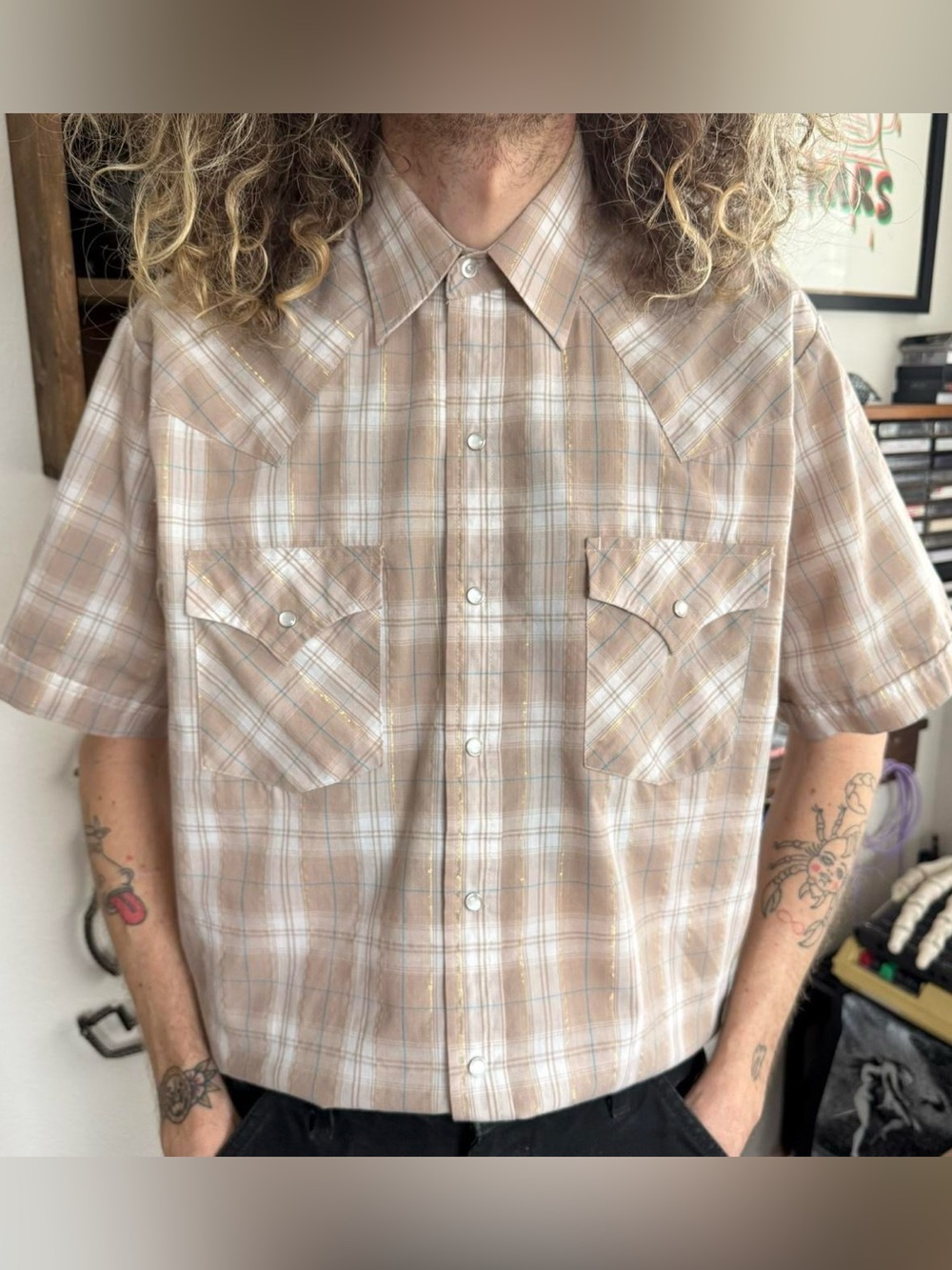 Vintage 80s 90s Tan Tinsel Plaid Pearl Snap S/S Western ~ Size Medium
